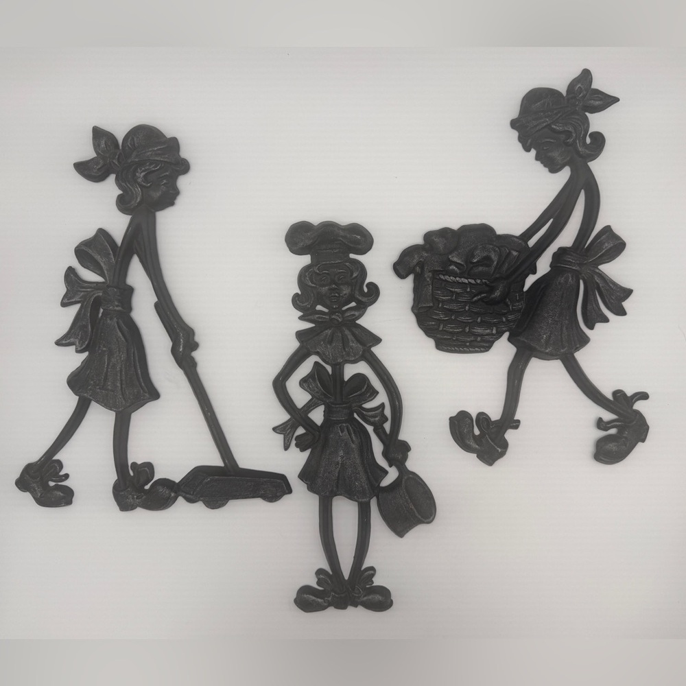 VTG Cast Aluminum Sexton Wall Hangings Plaques Housework Chores 1971 Set 3 12”